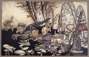 A band of workmen who were sawing down a toadstool rushed away leaving their tools behind them, from Peter Pan in Kensington Gardens by J.M. Barrie, pub. 1906 by Arthur Rackham