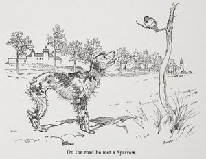 A dog and a sparrow by Arthur Rackham