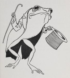 A frog wearing top hat and tails, carrying a cane by Arthur Rackham