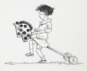 A little girl on a toy hobby horse by Arthur Rackham