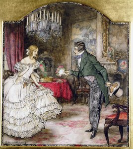 A young man presenting a bouquet to a girl standing in a drawing room