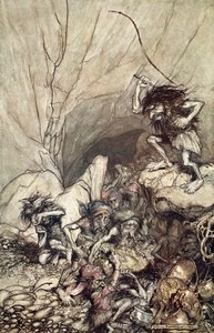 Alberich drives in a band of Nibelungs with gold and silver treasures