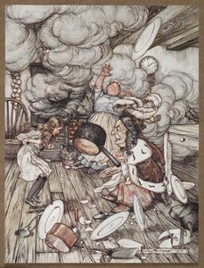 Alice in a kitchen with the Duchess, a cook and the Cheshire Cat by Arthur Rackham