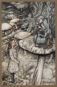 Alice talking to the Caterpillar who is sitting on a mushroom smoking a pipe by Arthur Rackham