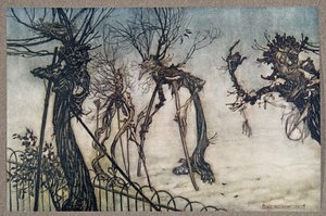 An Elderberry hobbled across the walk, and stood chatting with some young children, from Peter Pan in Kensington Gardens by J.M. Barrie, pub. 1906