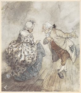 An old couple in formal clothing about to dance by Arthur Rackham