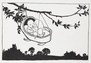 Baby in a cot hanging from a branch by Arthur Rackham
