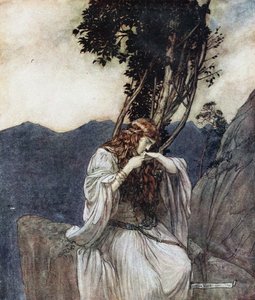 Brünnhilde Kisses the Ring that Siegfried has Left with Her. Illustration for Siegfried and The Twilight of the Gods by Arthur Rackham
