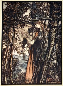 Brunnhilde slowly and silently leads her horse down the path to the cave