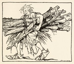 Carl building a shelter for the night, from The Carl of the Drab Coat in Irish Fairy Tales by Arthur Rackham