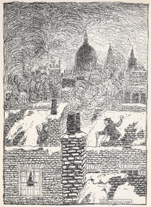 Children playing on rooftops in the snow at night, with the dome of St. Paul