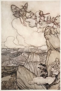 Fairies in mountains, from Rip Van Winkle by Washington Irving, pub. 1910 by Arthur Rackham