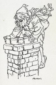 Father Christmas climbing down a chimney with a sack of gifts by Arthur Rackham