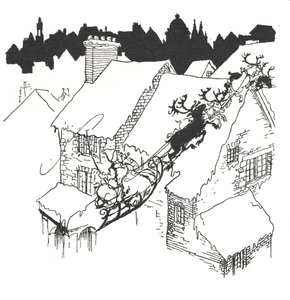 Father Christmas in his sleigh flying over snowy roof-tops by Arthur Rackham