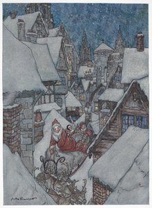 Father Christmas travelling through snowy streets on his sleigh