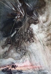 Furiously Wotan is Riding to the Rock. Illustration for The Rhinegold and The Valkyrie by Richard by Arthur Rackham