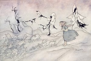 Gerda is terrified by the Snow Queens advance guard, but she said Our Father and is rescued by little bright angels, illustration from The Snow Queen by Hans Christian Andersen by Arthur Rackham