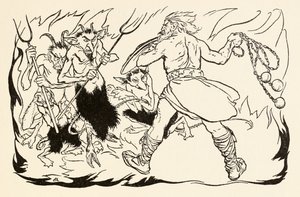 Goll mac Morna assaulting hell to rescue Fionn and the Fianna-Finn, from The Little Brawl at Allen in Irish Fairy Tales by Arthur Rackham
