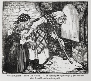 Grethel and the old witch by the oven from Hansel and Grethel by Arthur Rackham