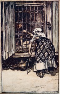 Hansel put out a knuckle-bone, and the old Woman, whose eyes were dim, could not see, and thought it was his finger, and she was much astonished that he did not get fat by Arthur Rackham