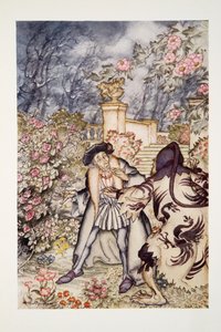 He heard a loud noise, and saw coming towards him a beast, so frightful to look at that he was ready to faint with fear, from The Arthur Rackham Fairy Book by Arthur Rackham