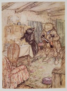 He presently reappeared, somewhat dusty, with a bottle of beer in each paw and another under each arm, from Wind in the Willows by Kenneth Grahame, pub. 1940 by Arthur Rackham