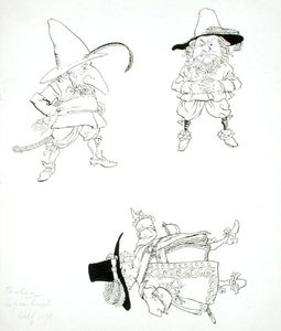 He was a stout old gentleman, with a weatherbeaten countenance; he wore a laced doublet, broad belt and hanger, high-crowned hat and feather, red stockings and high-heeled shoes, illustration from 