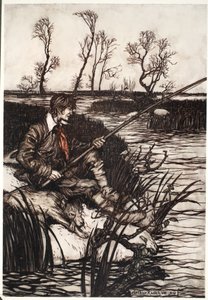 He would sit on a wet rock and fish all day, from Rip Van Winkle by Washington Irving by Arthur Rackham