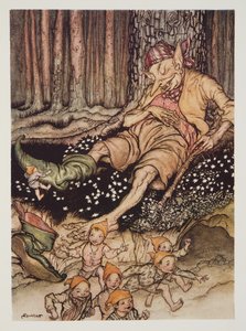 Hop-o-my-thumb went up to the Ogre softly and pulled off his seven-league boots, from The Arthur Rackham Fairy Book by Arthur Rackham