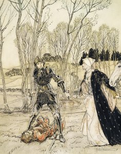 How Beaumains Defeated the Red Knight, and Always the Damosel Spake Many Foul Words unto Him by Arthur Rackham