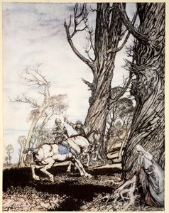 How Sir Launcelot slew the knight Sir Peris de Forest Savage that did distress ladies, damosels and gentlewomen, illustration from 