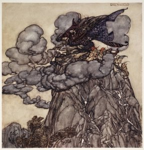 If displeased, she would brew up clouds black as ink, sitting in the midst of them like a bottle-bellied spider in the midst of its web; when these clouds broke, woe betide the valleys!, from Rip Van Winkle by Arthur Rackham