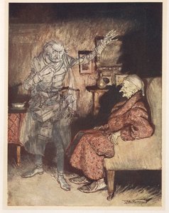 Illustration of Scrooge with the Ghost of Christmas Past by Arthur Rackham
