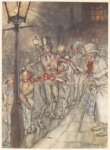 Illustration of a street scene on Christmas Eve with Bob Cratchit and children by Arthur Rackham