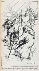 Illustration of the three witches, Macbeth and Banquo by Arthur Rackham