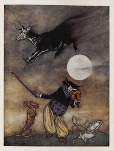 Illustration to a Nursery Rhyme. A Cow Jumping Over the Moon. A Cat Playing a Fiddle. A Dog. A Dish Running Away with a Spoon