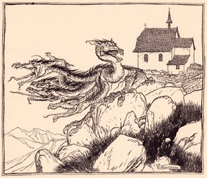 It was not long before the seven headed dragon came, loudly roaring. Illustration by Arthur Rackham from Grimm