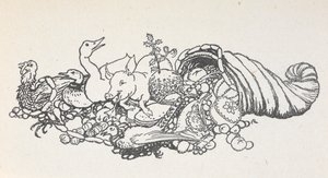 Items from a Christmas feast spilling out from a horn-shape. Items include a Christmas pudding, sausages, a turkey, a pig, a duck, a pheasant, a pie and fruits by Arthur Rackham
