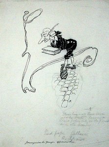 Jorumgander the Younger left his shop and approached them with a case of pens which he offered for sale, illustration from 