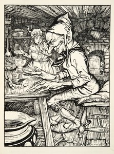 Lay!, roared the giant and then the hen laid immediately an egg of solid gold, from The Arthur Rackham Fairy Book by Arthur Rackham