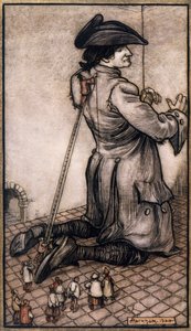 Lilliputian Tailors Measuring Gulliver to Make Him New Suit, Illustration by Arthur Rackham from Gulliver
