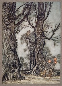Linkmen running in front carrying winter cherries, from Peter Pan in Kensington Gardens by J.M. Barrie, pub. 1906 by Arthur Rackham