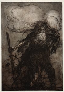 Rip wakes up. Surely, though he, I have not slept here all night? Oh! That flagon! That wicked flagon! What excuse shall I make to Dame Van Winkle? from Rip Van Winkle by Washington Irving by Arthur Rackham