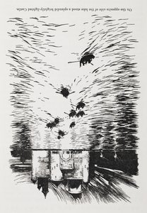 Rowing Boats on a River Approaching a Castle at Night. by Arthur Rackham