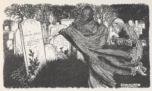 Scrooge and a ghost in a graveyard at night by Arthur Rackham