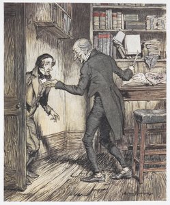 Scrooge writing in his office as another man enters by Arthur Rackham