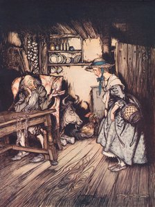 She begged quite prettily to be allowed to spend the night there. Illustration by Arthur Rackham from Grimm