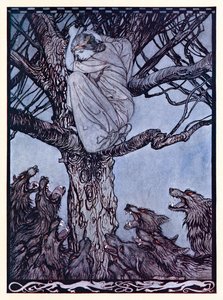 She looked with angry woe at the straining and snarling horde below. from The Wooing of Becfola in Irish Fairy Tales