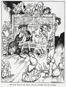 She took him by the wrist, and he laughed till he clucked. Elfin maidens and goblins. Illustration for 