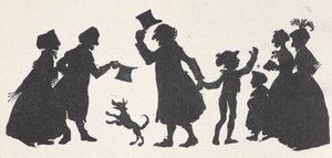 Silhouette of a young boy and a man greeting people on the way home from church by Arthur Rackham